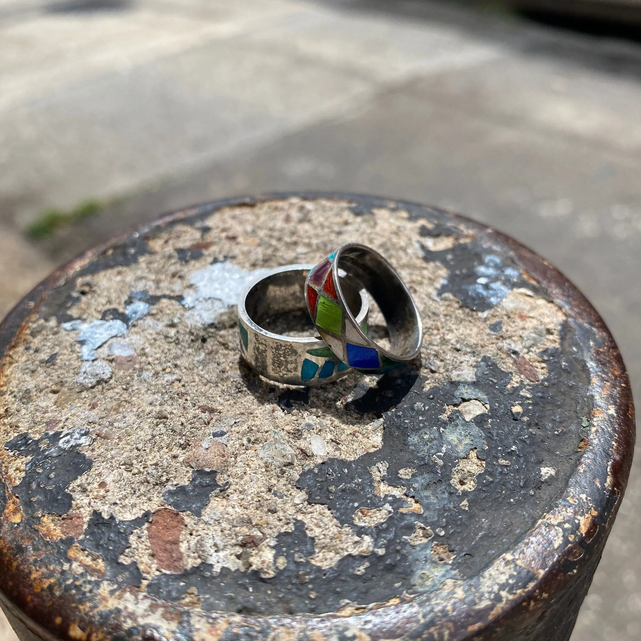 Vintage Sterling Silver Enamel Ring Set, Stackable Rings, Enamel Band Ring, Size 7 US (Thin, Argyle), Size 6.5 (Thick, Abstract)