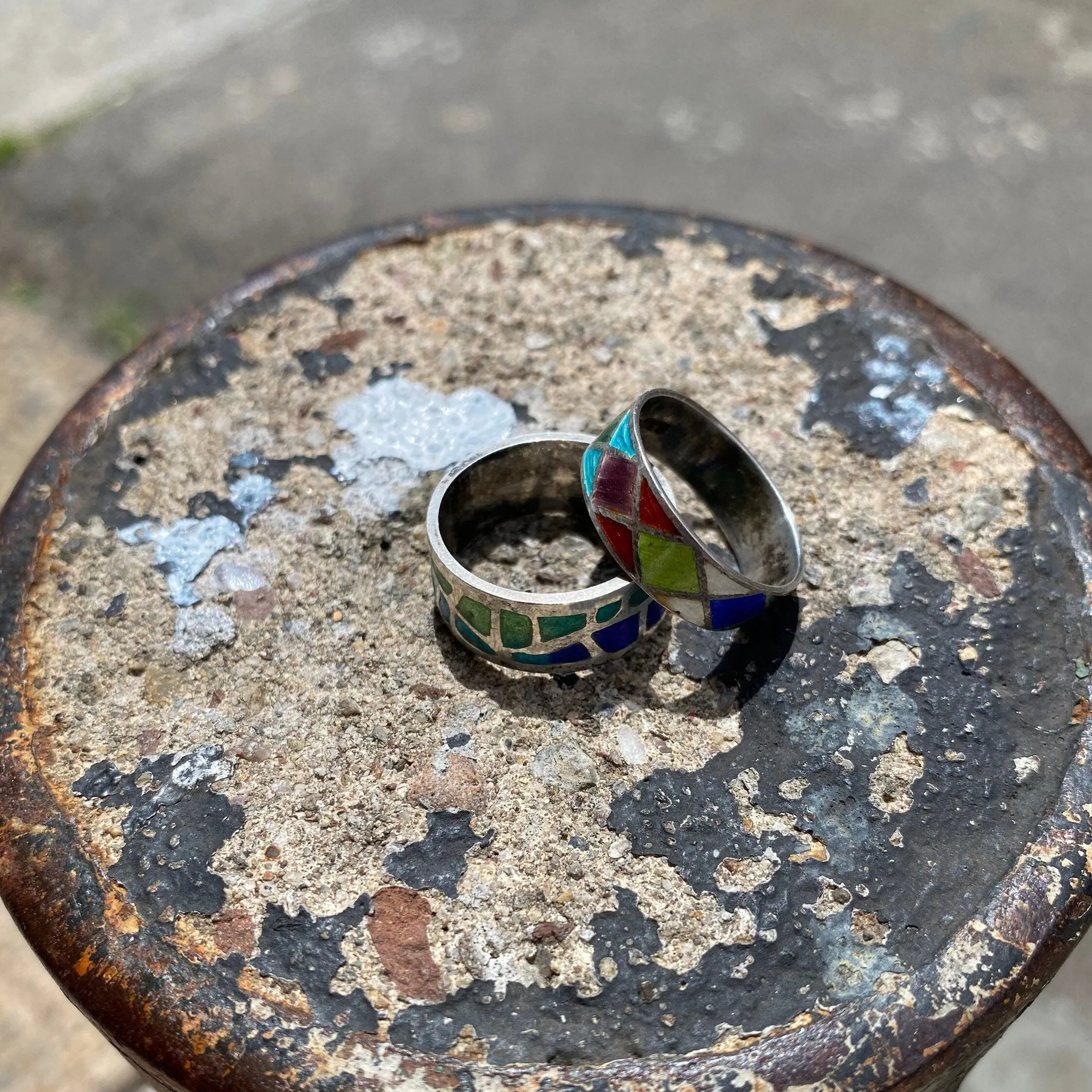 Vintage Sterling Silver Enamel Ring Set, Stackable Rings, Enamel Band Ring, Size 7 US (Thin, Argyle), Size 6.5 (Thick, Abstract)