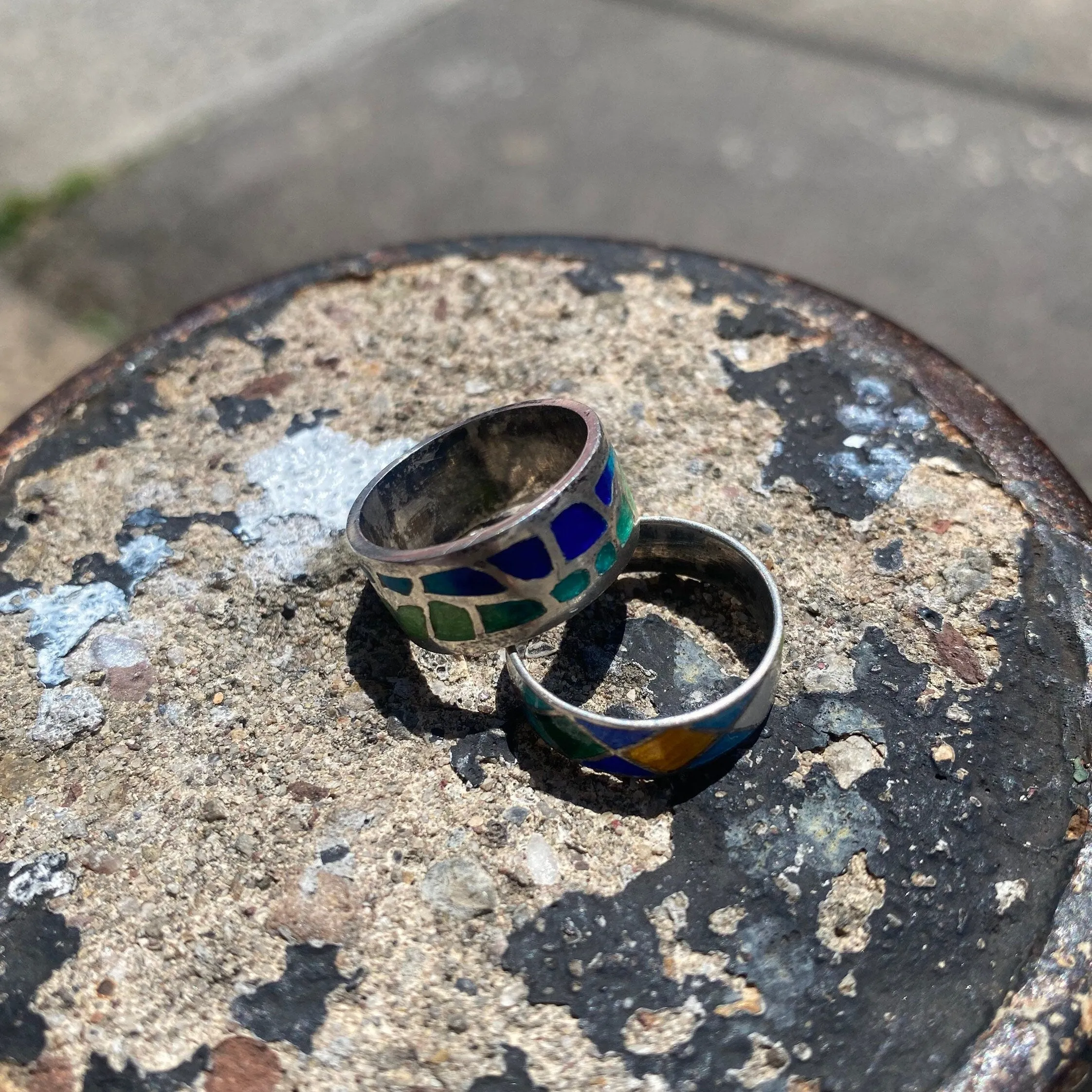 Vintage Sterling Silver Enamel Ring Set, Stackable Rings, Enamel Band Ring, Size 7 US (Thin, Argyle), Size 6.5 (Thick, Abstract)