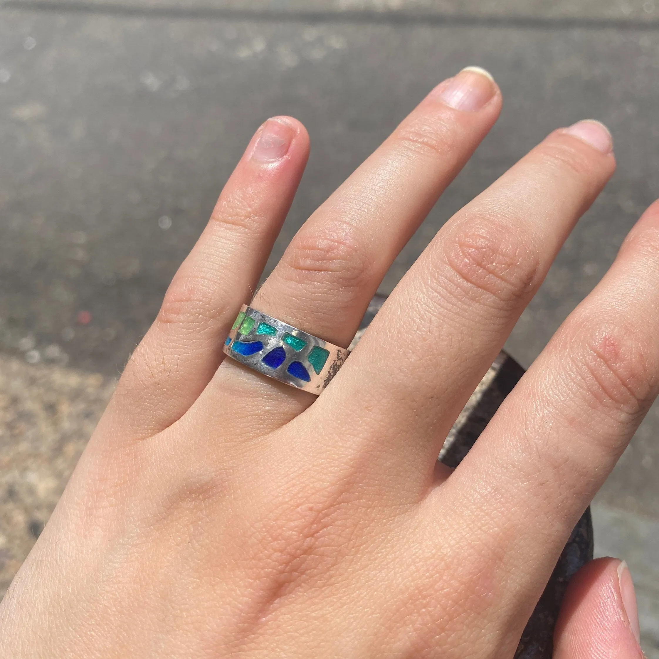 Vintage Sterling Silver Enamel Ring Set, Stackable Rings, Enamel Band Ring, Size 7 US (Thin, Argyle), Size 6.5 (Thick, Abstract)