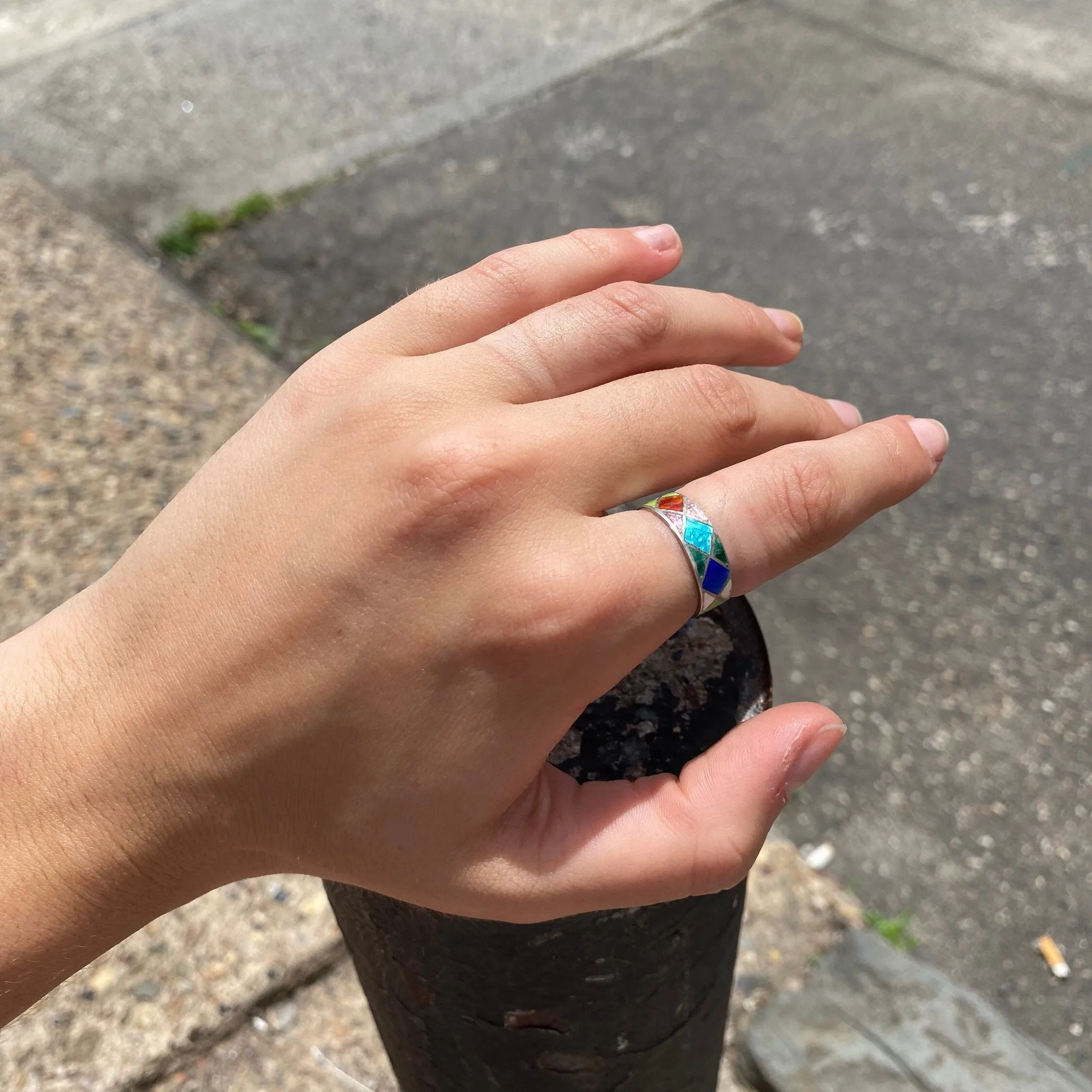 Vintage Sterling Silver Enamel Ring Set, Stackable Rings, Enamel Band Ring, Size 7 US (Thin, Argyle), Size 6.5 (Thick, Abstract)