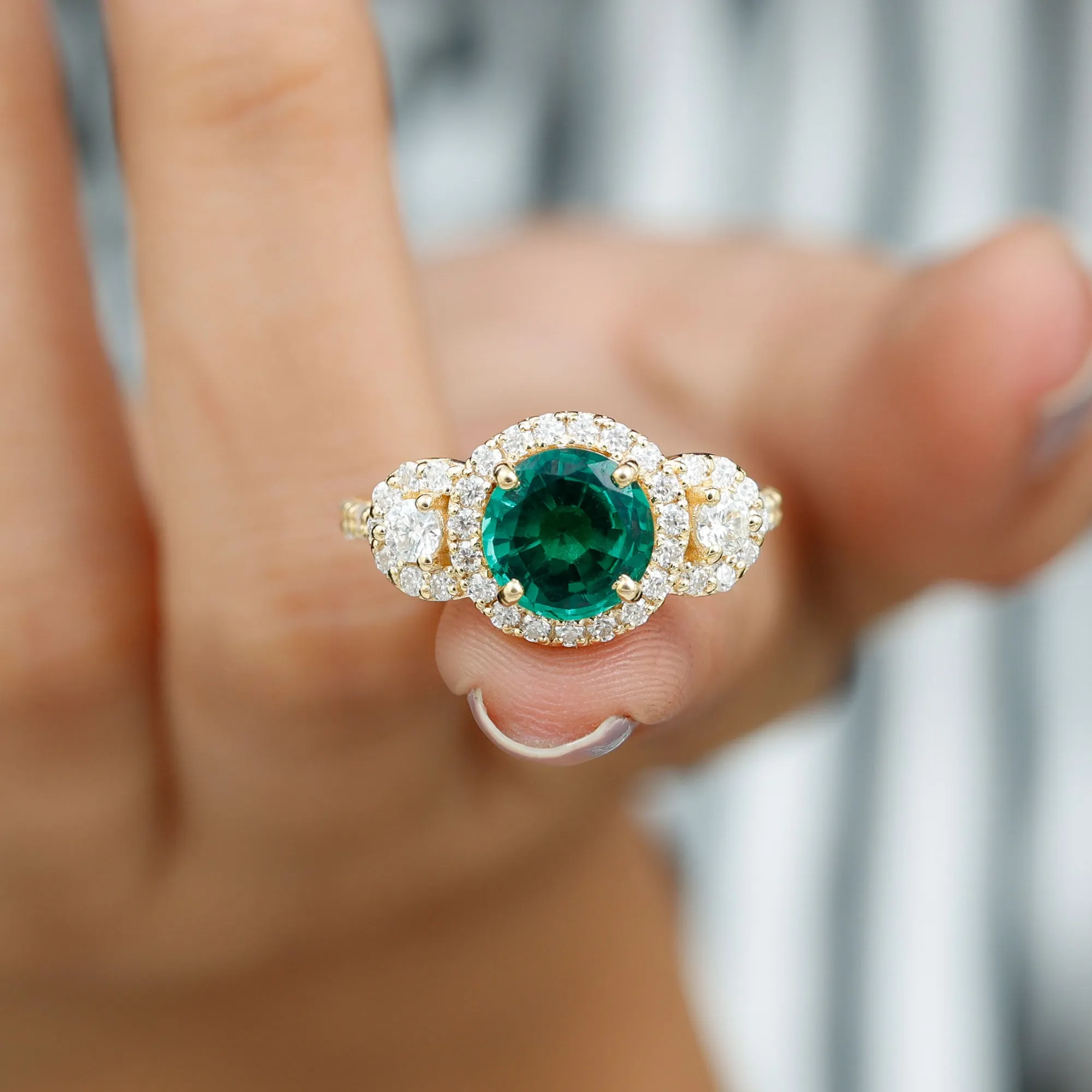 Vintage Style Lab Grown Emerald and Moissanite Engagement Ring