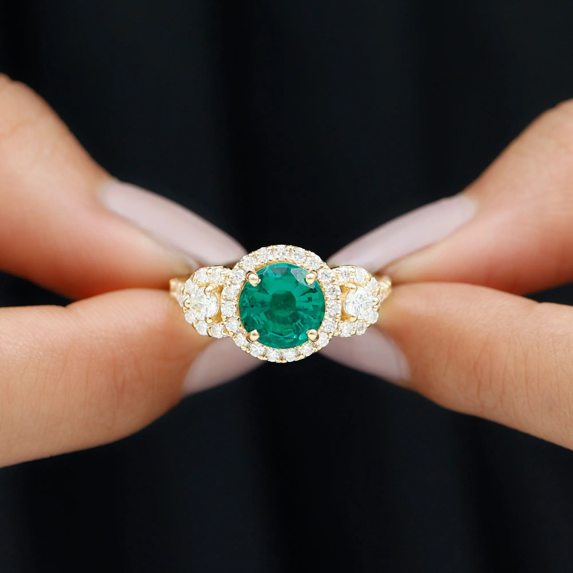 Vintage Style Lab Grown Emerald and Moissanite Engagement Ring