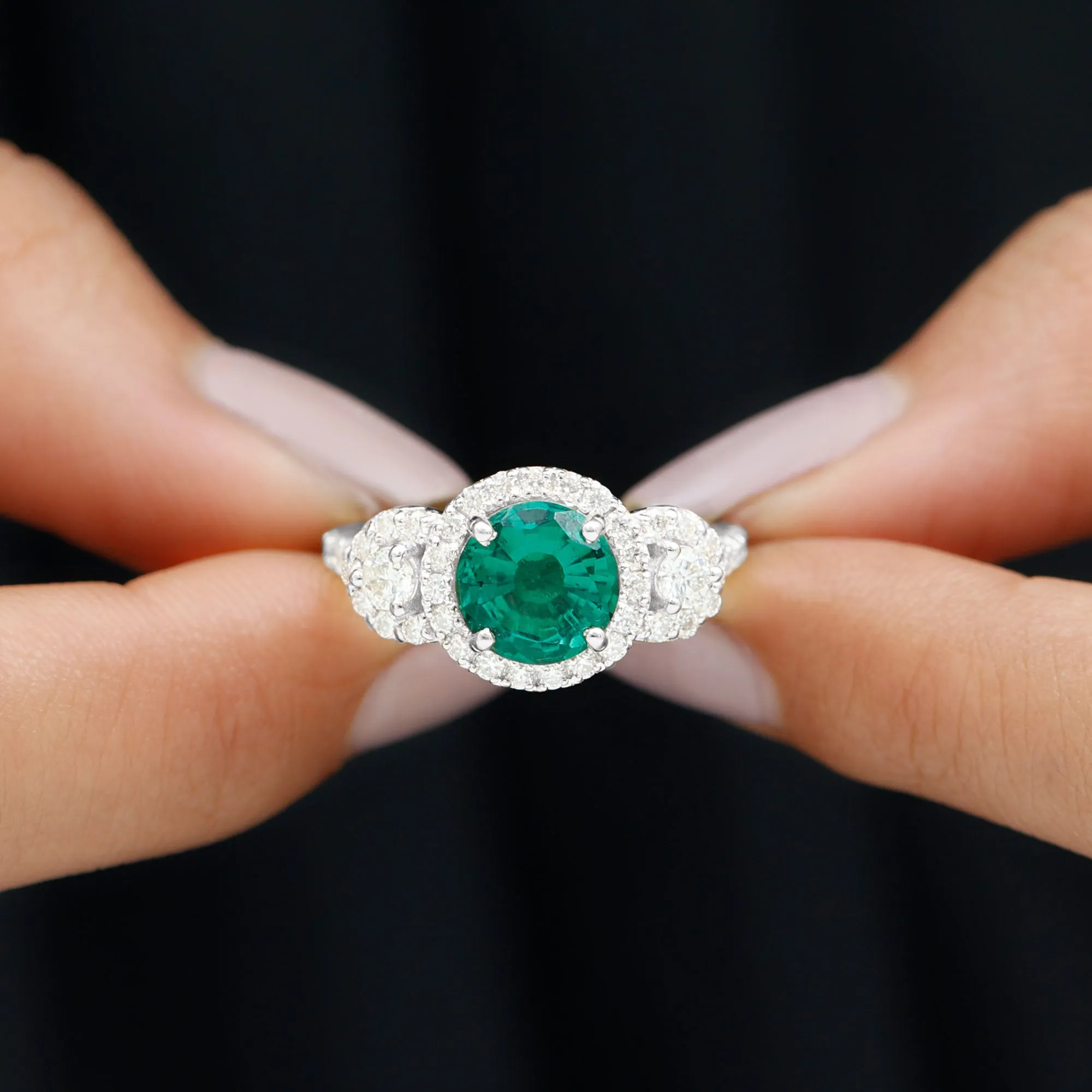 Vintage Style Lab Grown Emerald and Moissanite Engagement Ring
