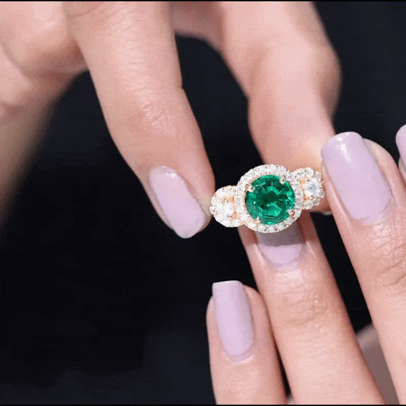 Vintage Style Lab Grown Emerald and Moissanite Engagement Ring