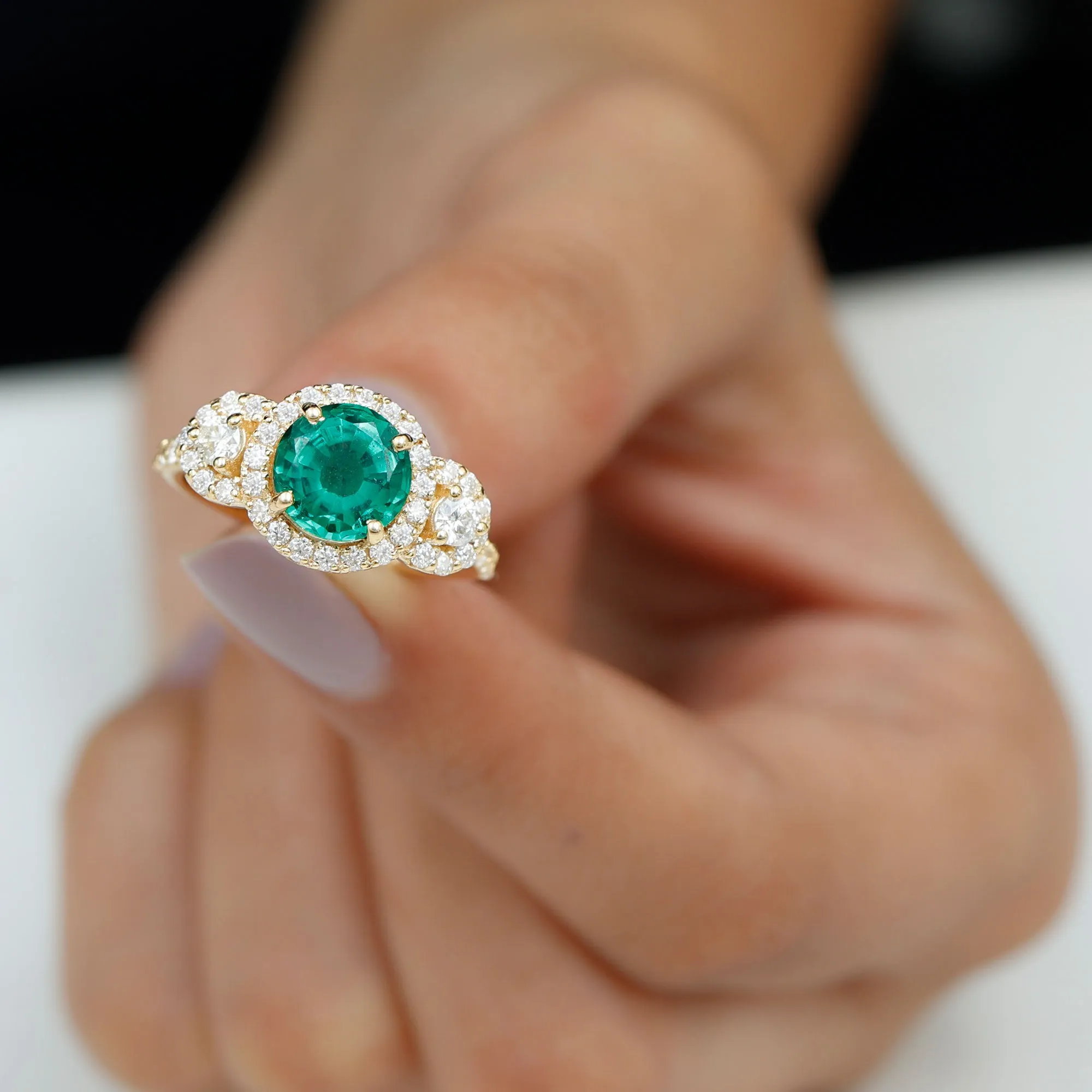 Vintage Style Lab Grown Emerald and Moissanite Engagement Ring