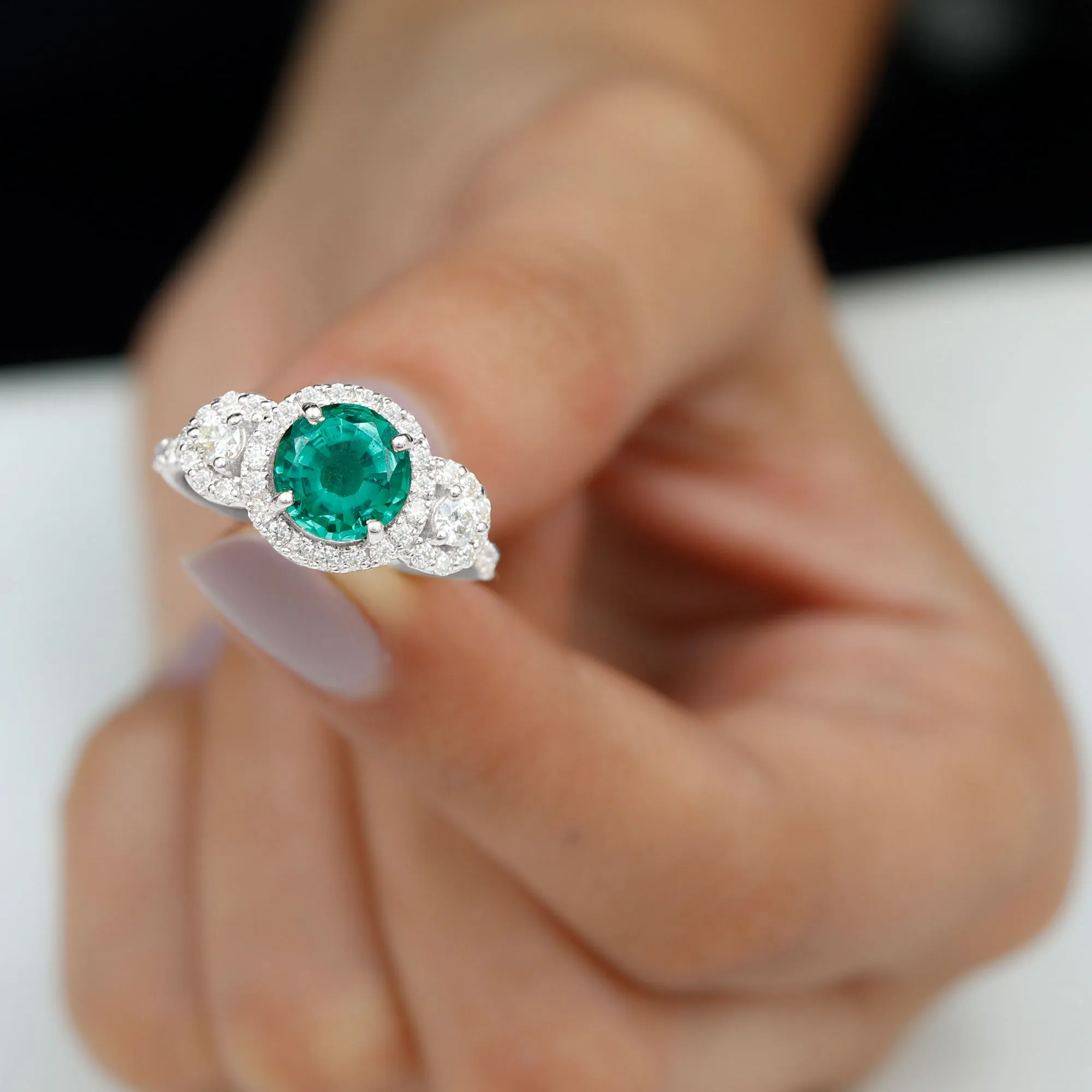 Vintage Style Lab Grown Emerald and Moissanite Engagement Ring