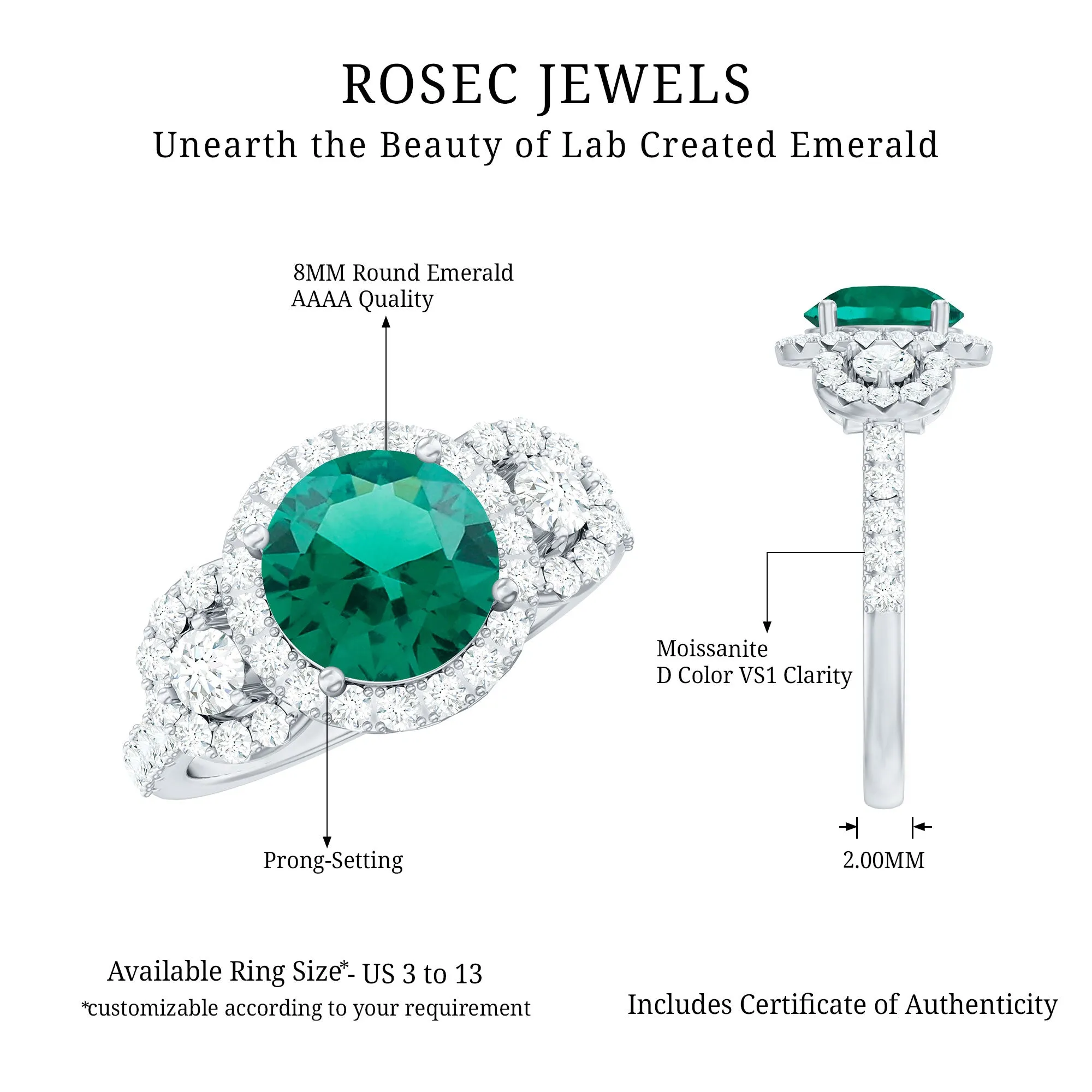 Vintage Style Lab Grown Emerald and Moissanite Engagement Ring