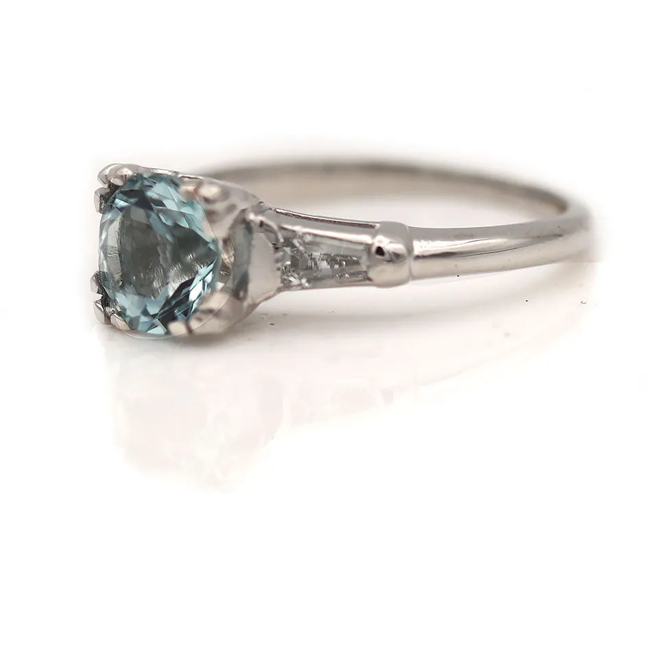 Vintage Three Stone Aquamarine Engagement Ring with Side Baguettes