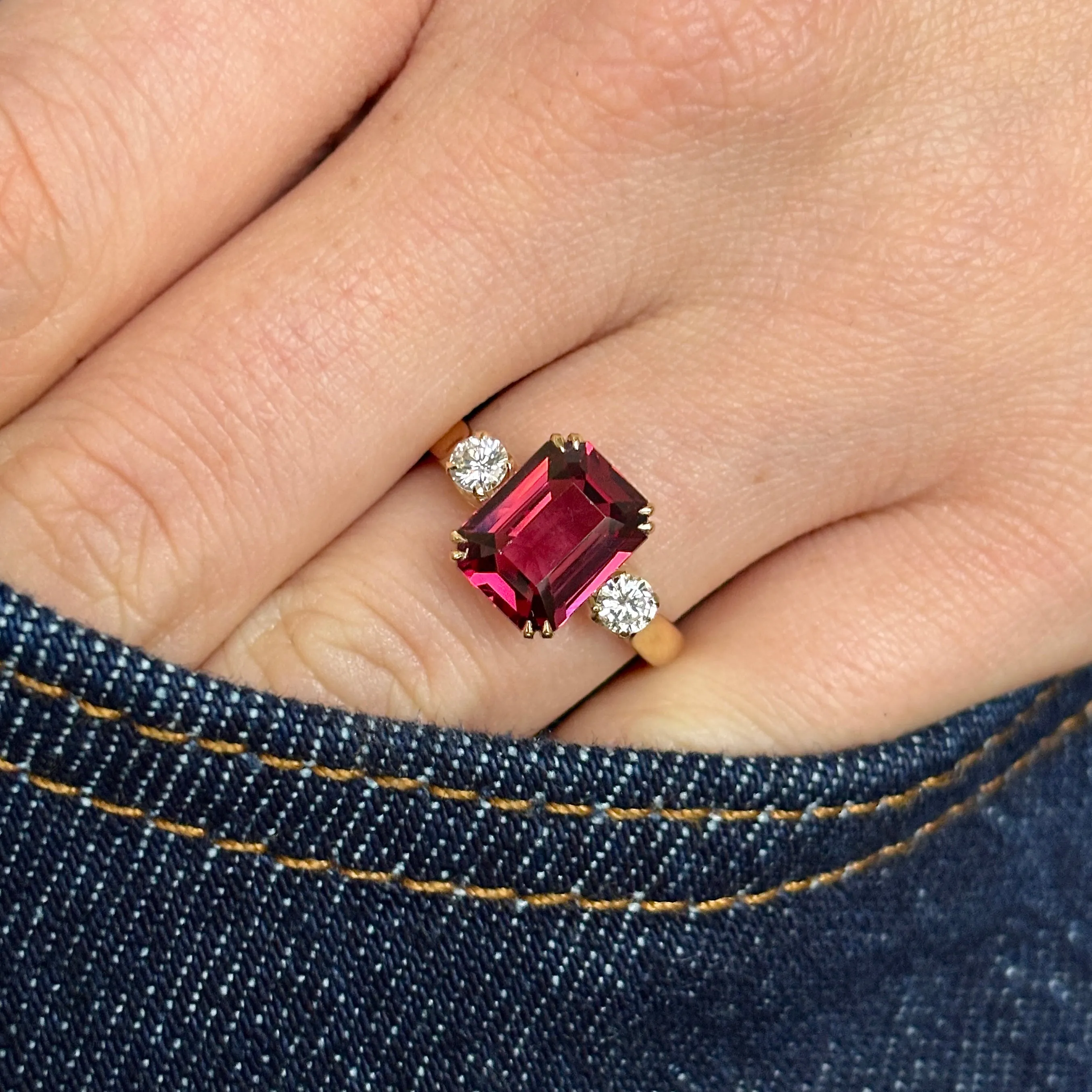 Vintage, three-stone garnet & diamond ring