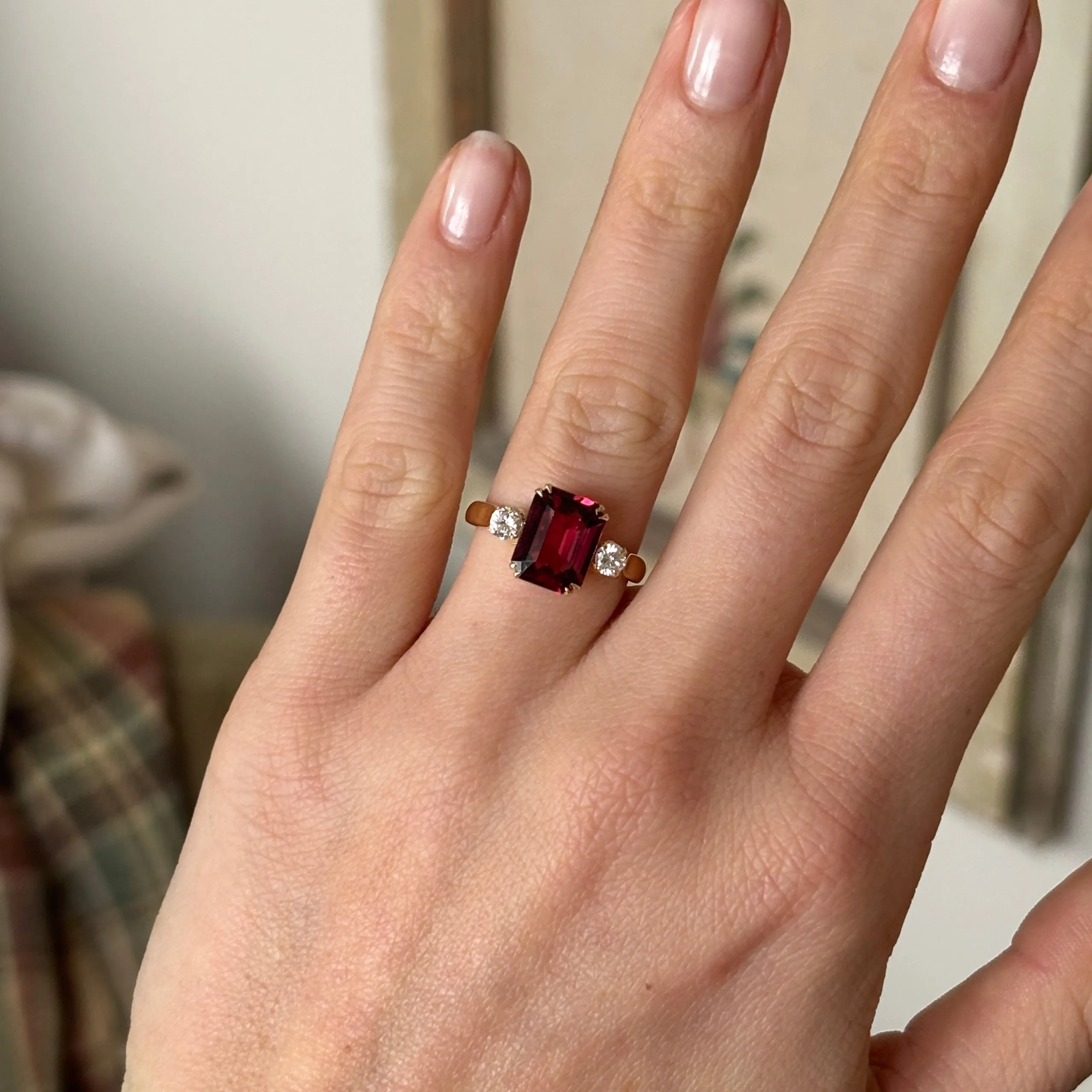 Vintage, three-stone garnet & diamond ring