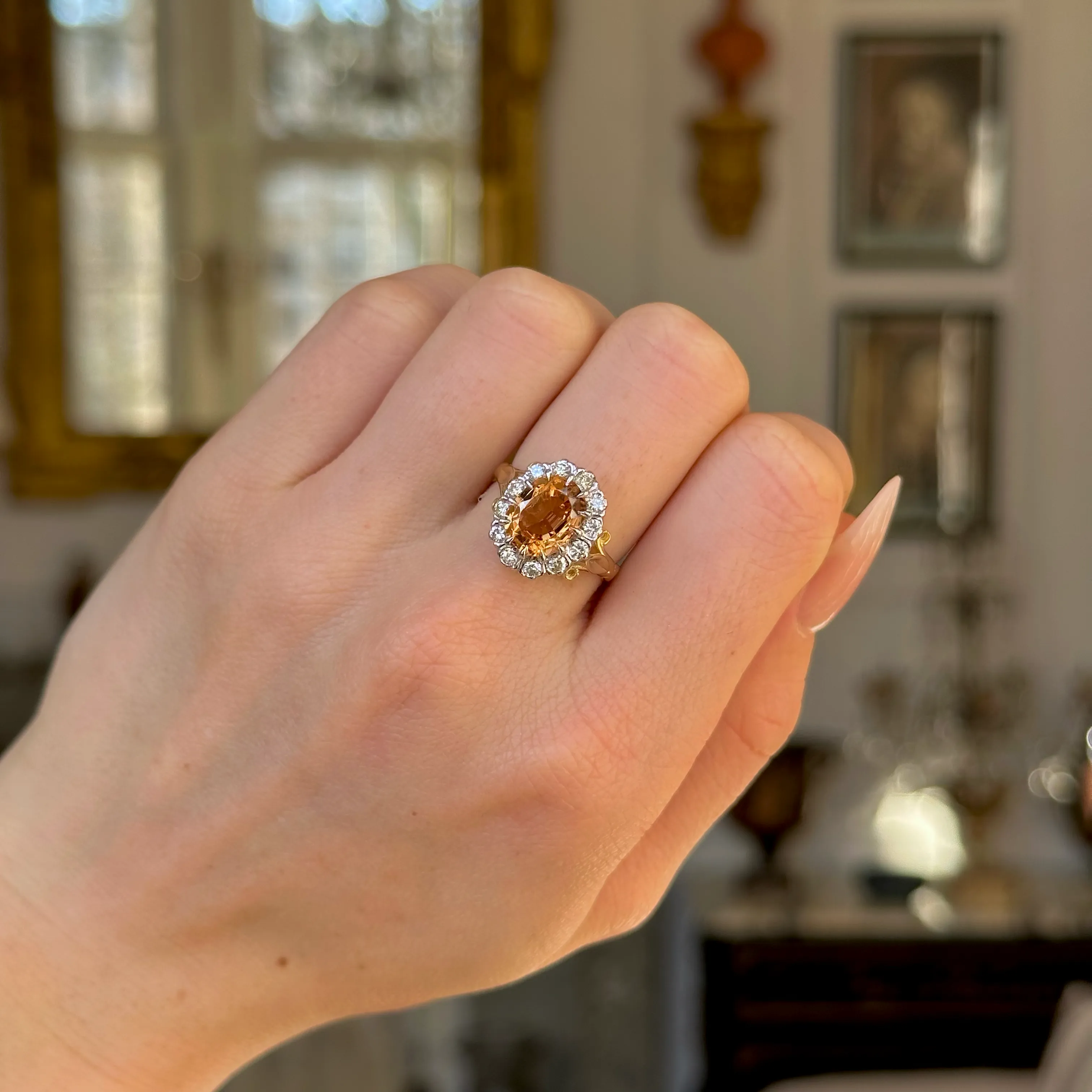 Vintage, topaz and diamond cluster ring, 18ct yellow gold