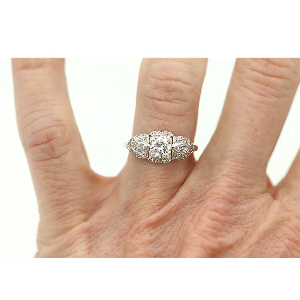 Vintage Transitional Cut Diamond Engagement Ring with Navette Side Stones