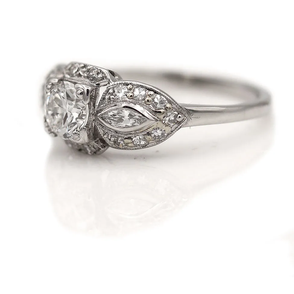 Vintage Transitional Cut Diamond Engagement Ring with Navette Side Stones