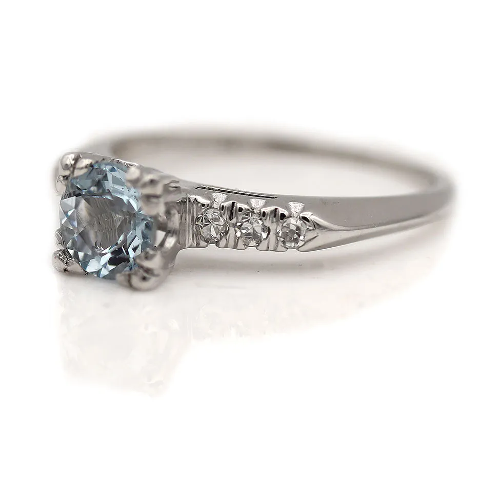 Vintage Trefoil Prong Aquamarine Engagement Ring with Side Stones