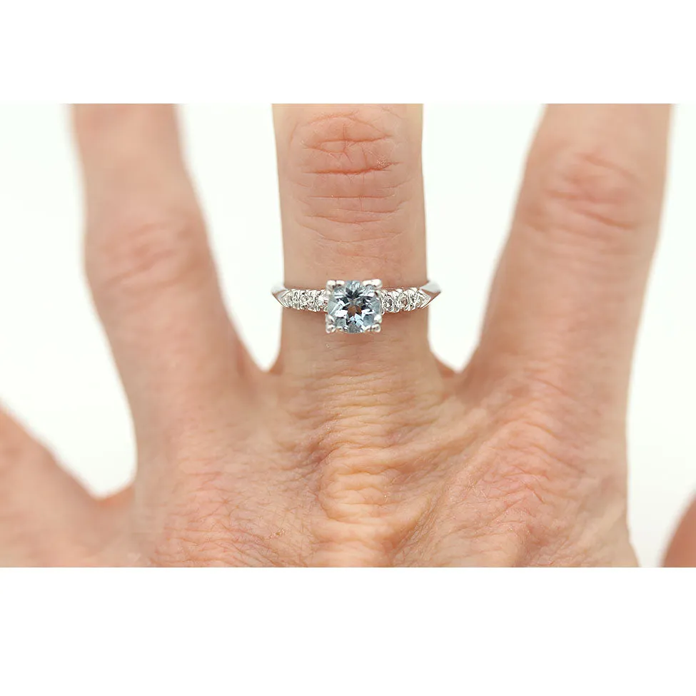 Vintage Trefoil Prong Aquamarine Engagement Ring with Side Stones