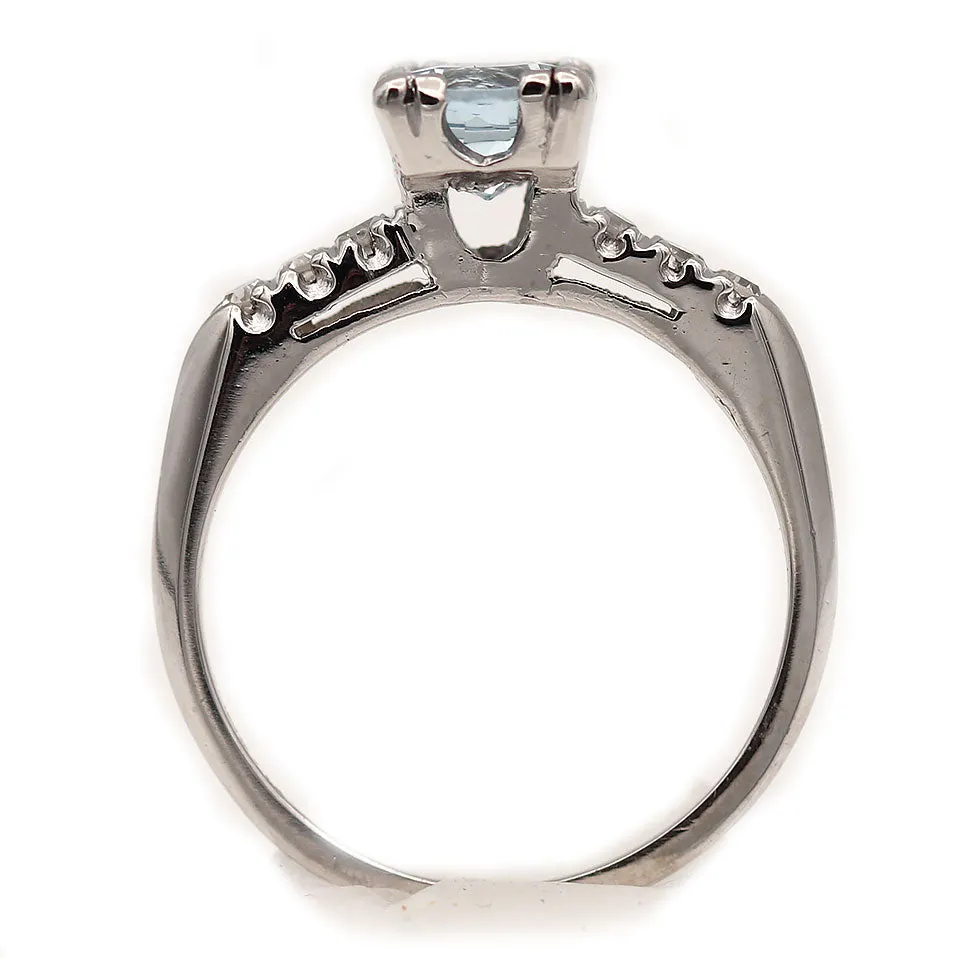 Vintage Trefoil Prong Aquamarine Engagement Ring with Side Stones