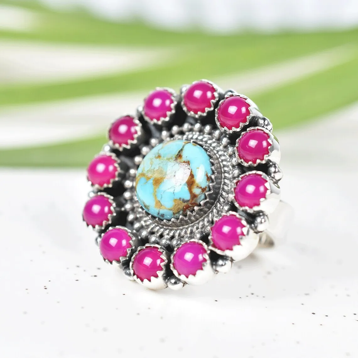 Vintage  Turquoise And Pink Onyx  Southwestern Style Cluster Ring - 925 Sterling Silver Native American Rings