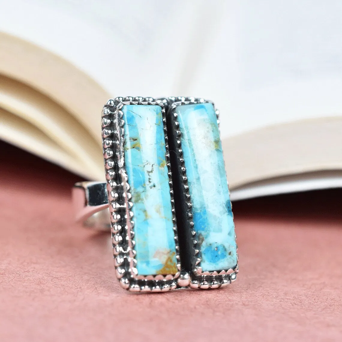 Vintage Two Stone Rectangle Turquoise Southwestern Style Ring - 925 Sterling Silver Rings