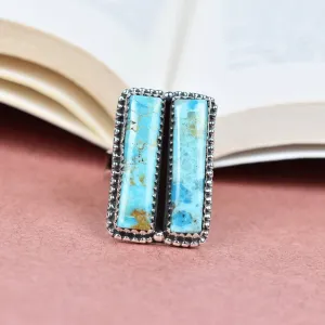 Vintage Two Stone Rectangle Turquoise Southwestern Style Ring - 925 Sterling Silver Rings