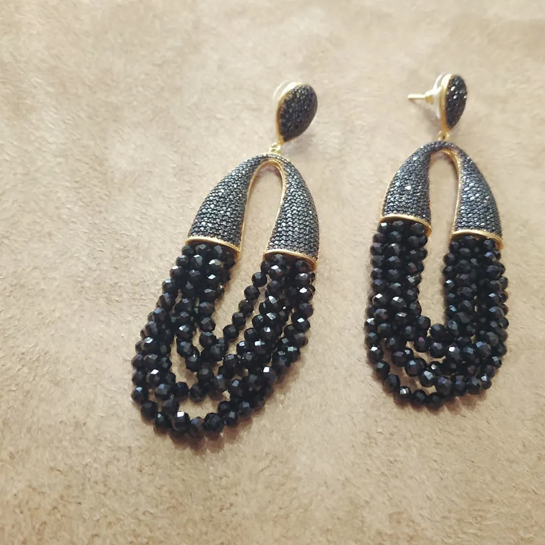 Waterfall Chandelier Black beads Black onyx pave earrings