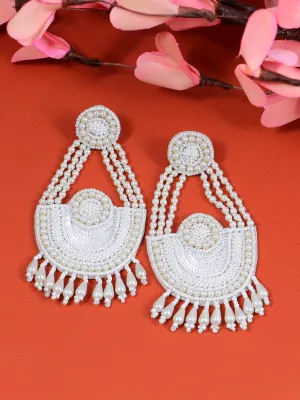 White Beaded Majesty: Handcrafted Contemporary Dangler Earrings