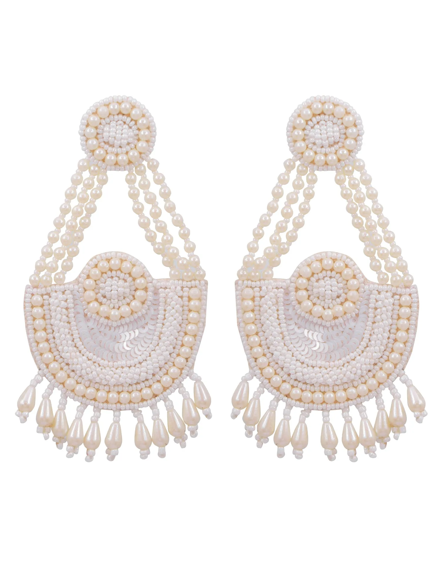 White Beaded Majesty: Handcrafted Contemporary Dangler Earrings