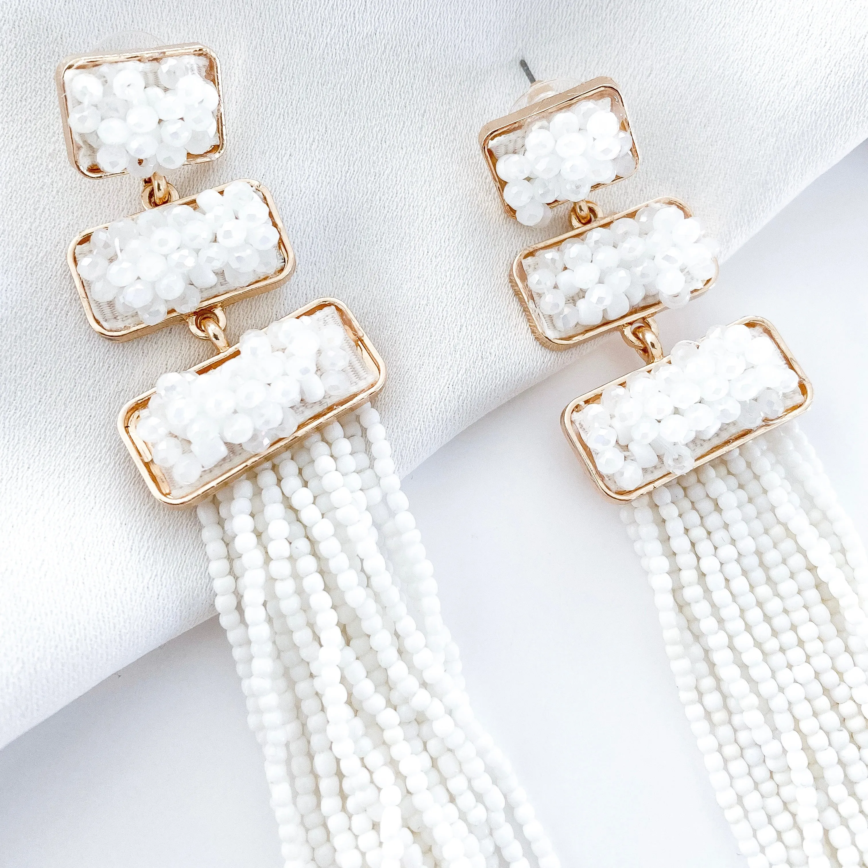 White Beaded Tassel Earrings