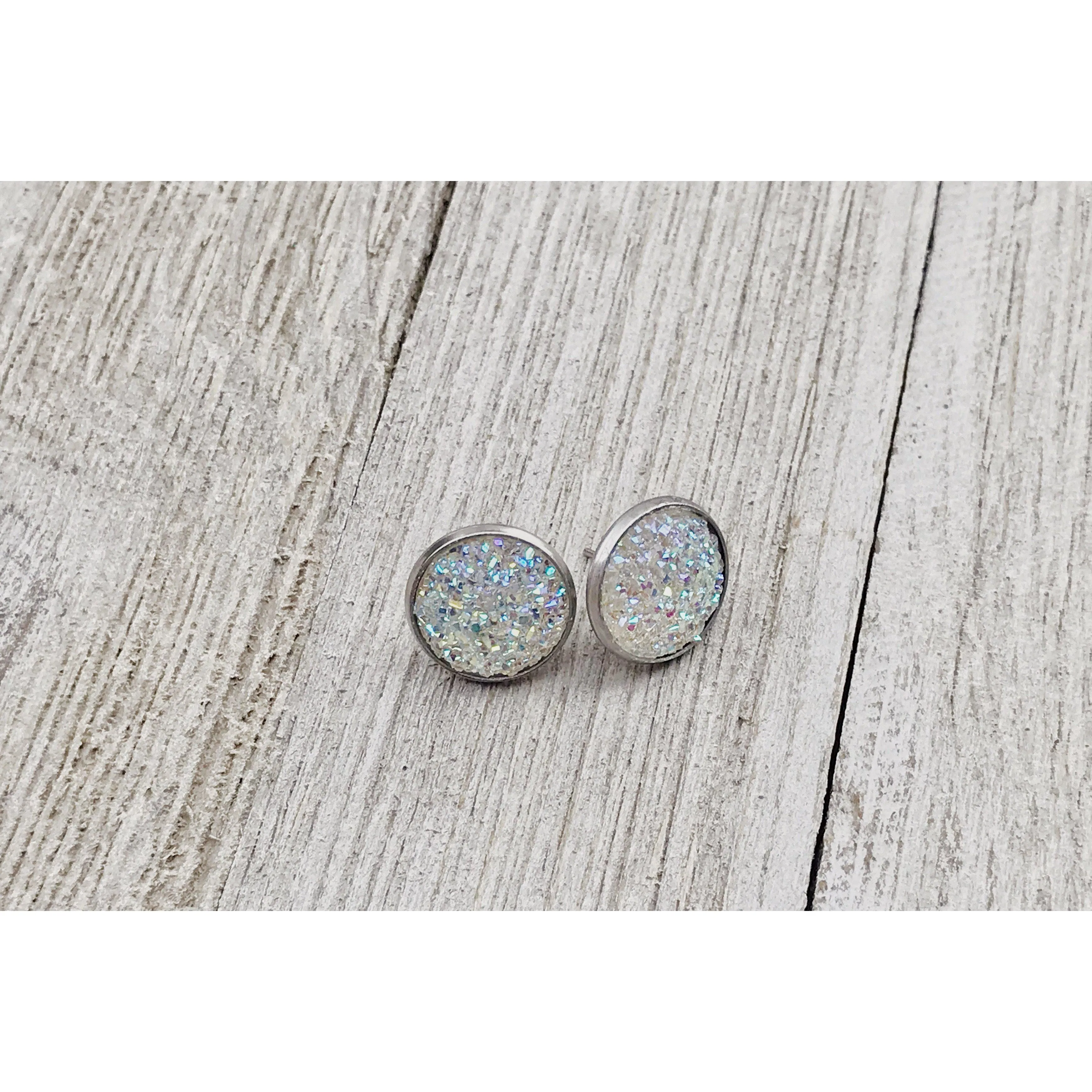 White Glitter Druzy Stud Earrings: Sparkling Elegance for Every Occasion
