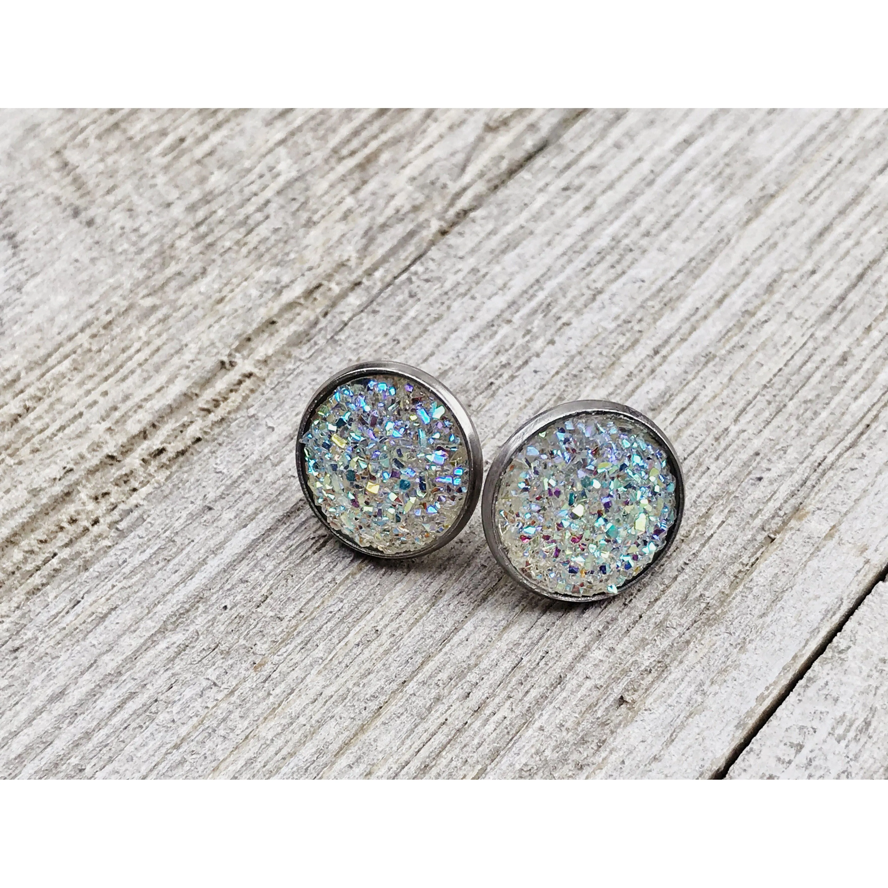 White Glitter Druzy Stud Earrings: Sparkling Elegance for Every Occasion