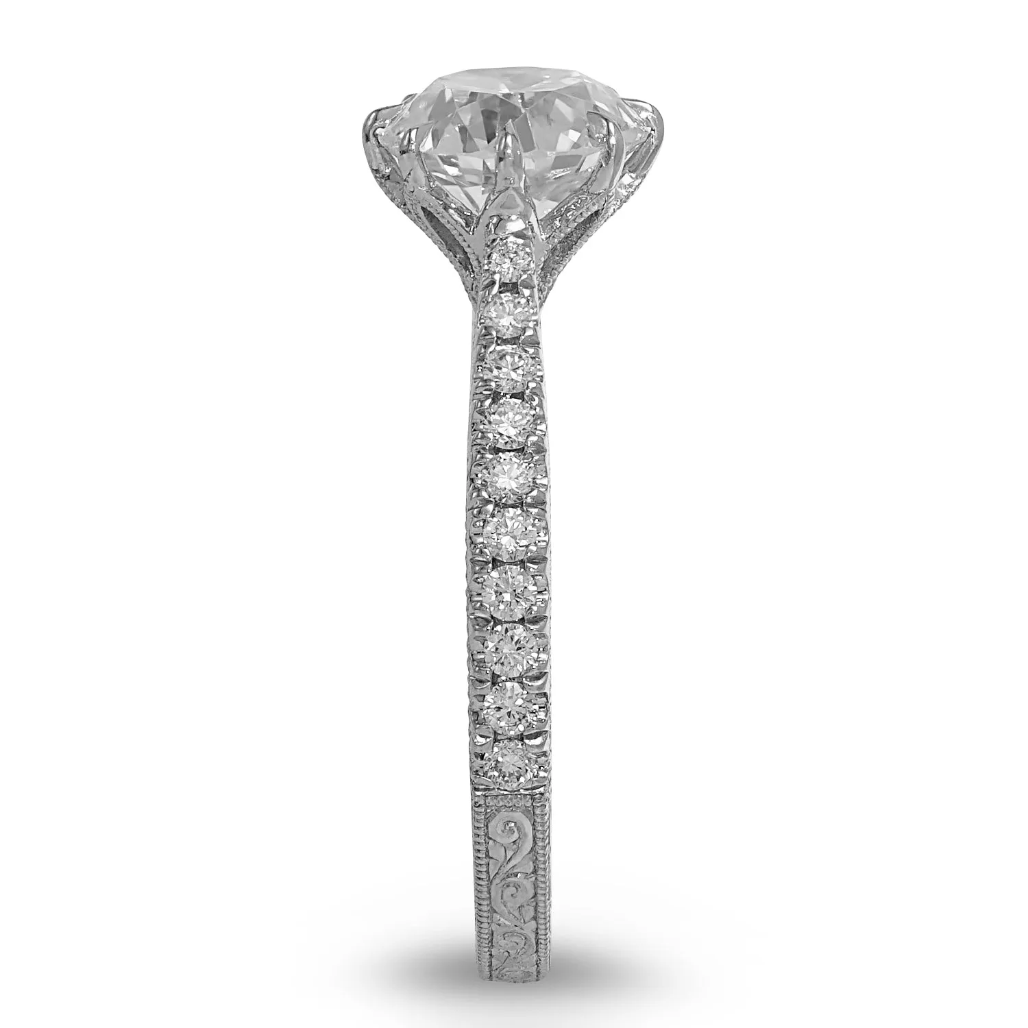 White Old European Cut Diamond in Engraved Ring