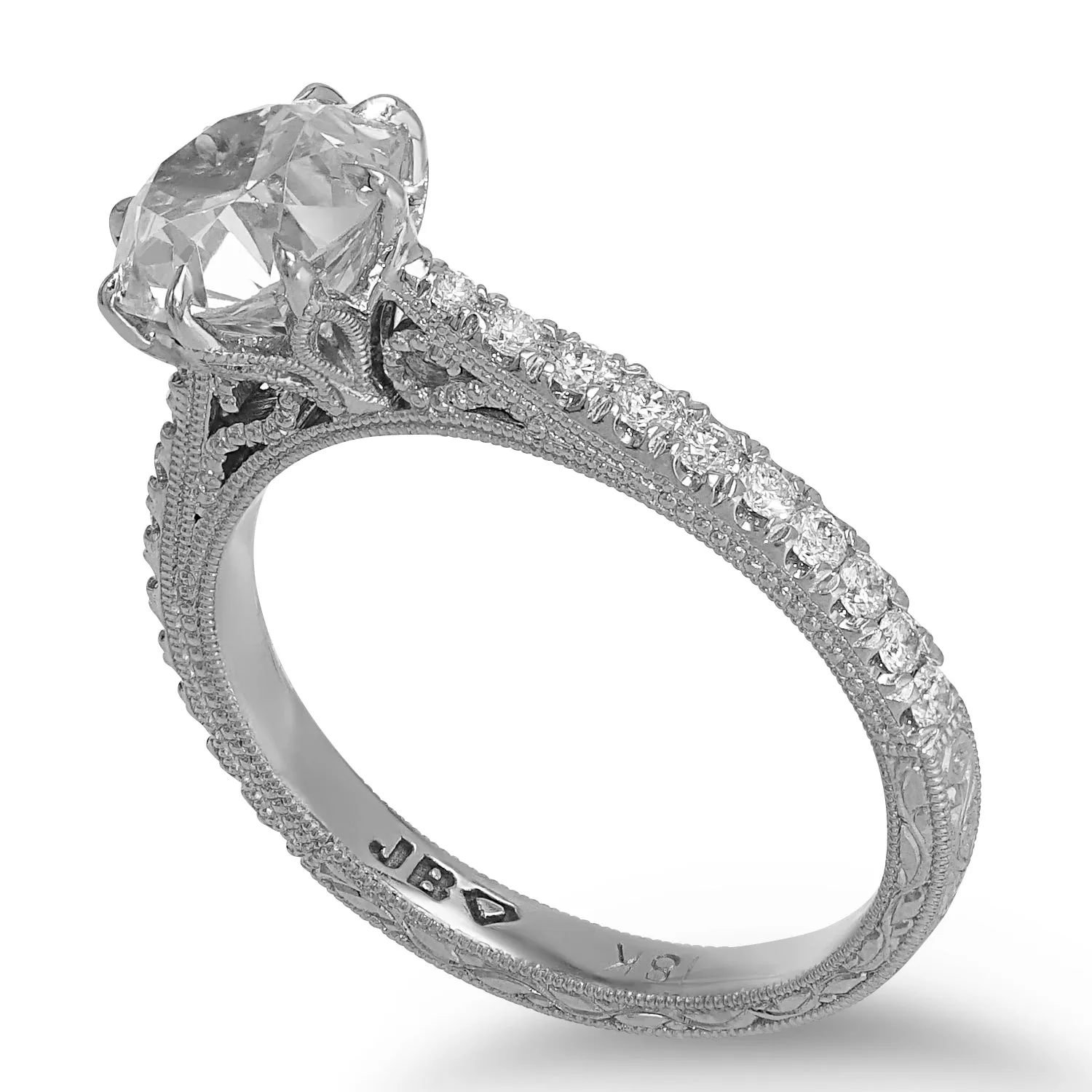 White Old European Cut Diamond in Engraved Ring